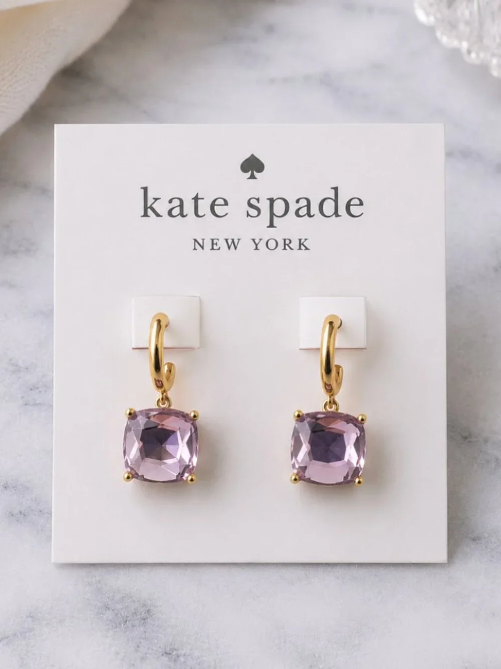 Kate Spade Purple Crystal Drop Earrings Gold Huggie Hoop Dangle